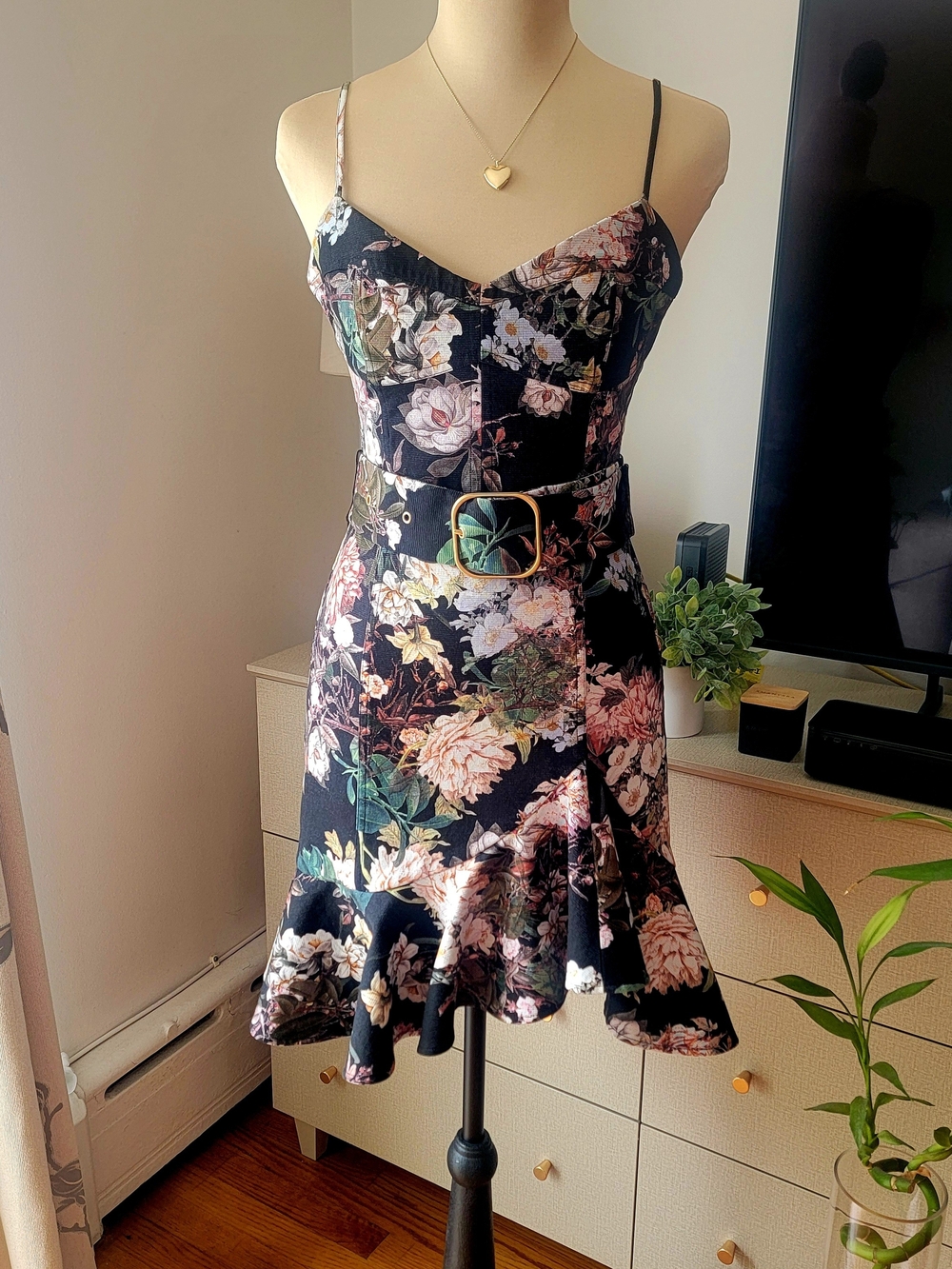 NICHOLAS Floral Belted Asymmetric Ruffle Cocktail Dress US 2/XS